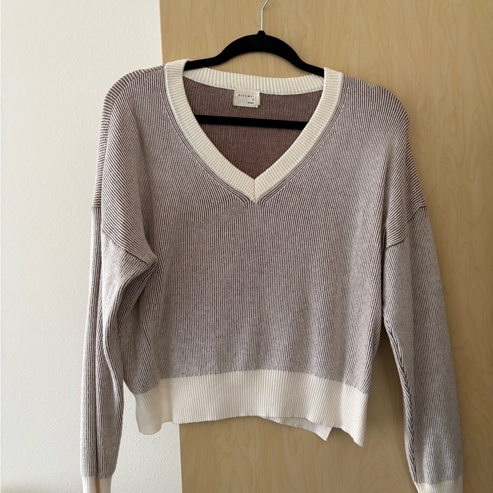 Striped V-Neck Sweater - Tan and Cream